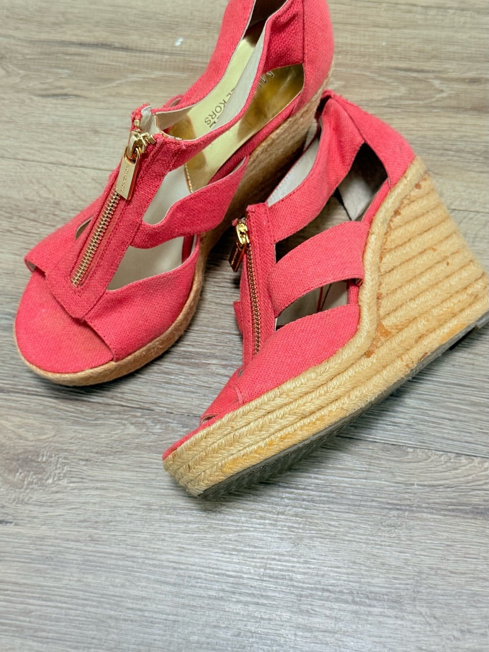 Michael Kors Coral Canvas Espadrille Wedge Sandals with Gold Zip